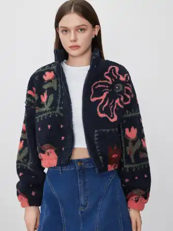Fleece High Neck Graphic Zipper Jacket