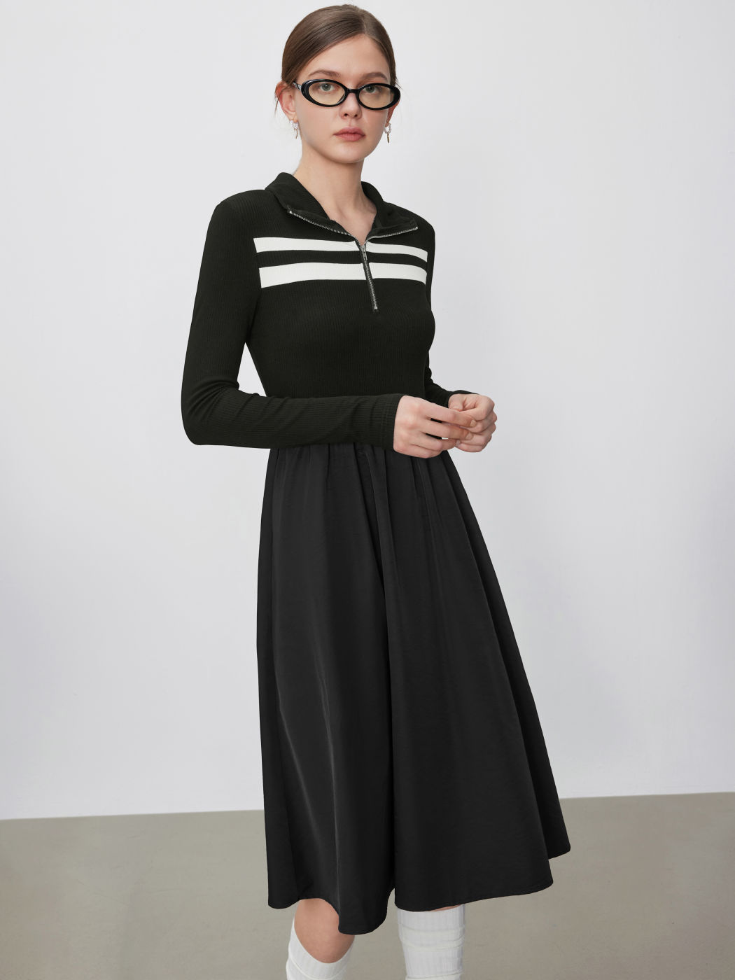 Collar Striped Zipper Midi Dress