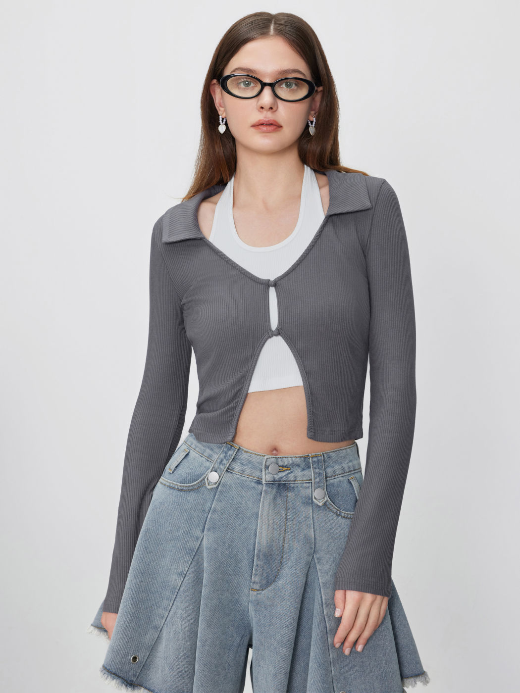 Halter Two Tone Long Sleeve Crop Top