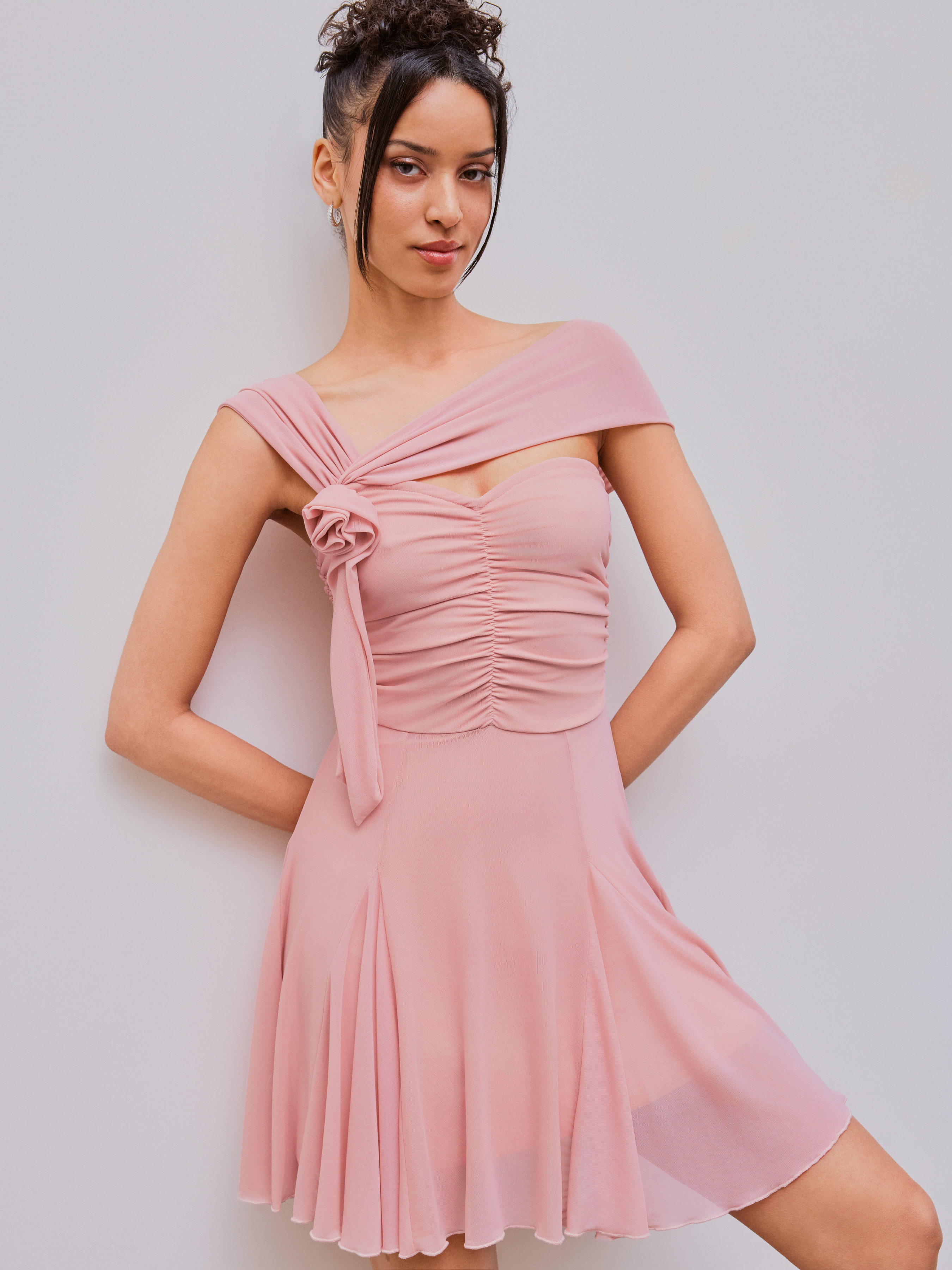 Sun Dresses Mesh Knit Fabric Rosette Asymmetrical Neck Ruched Mini ...
