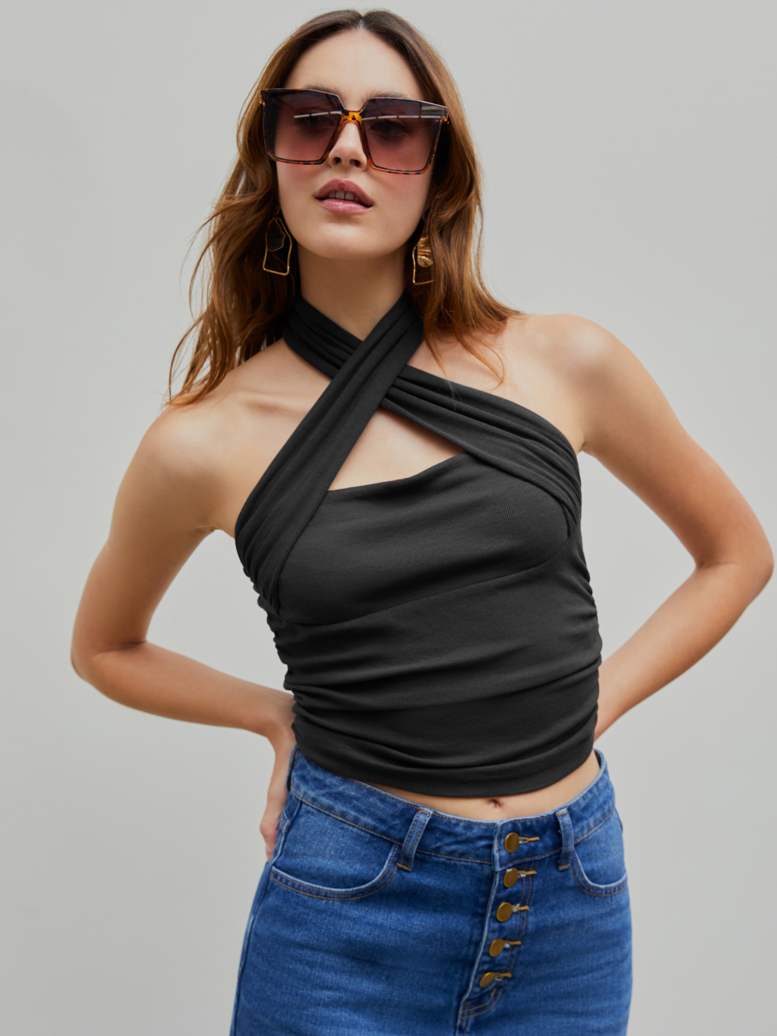 3WAY CUT TOPS&DOT HALTERNECK SET グレー Mimchik Halter Top in Gray | FWRD