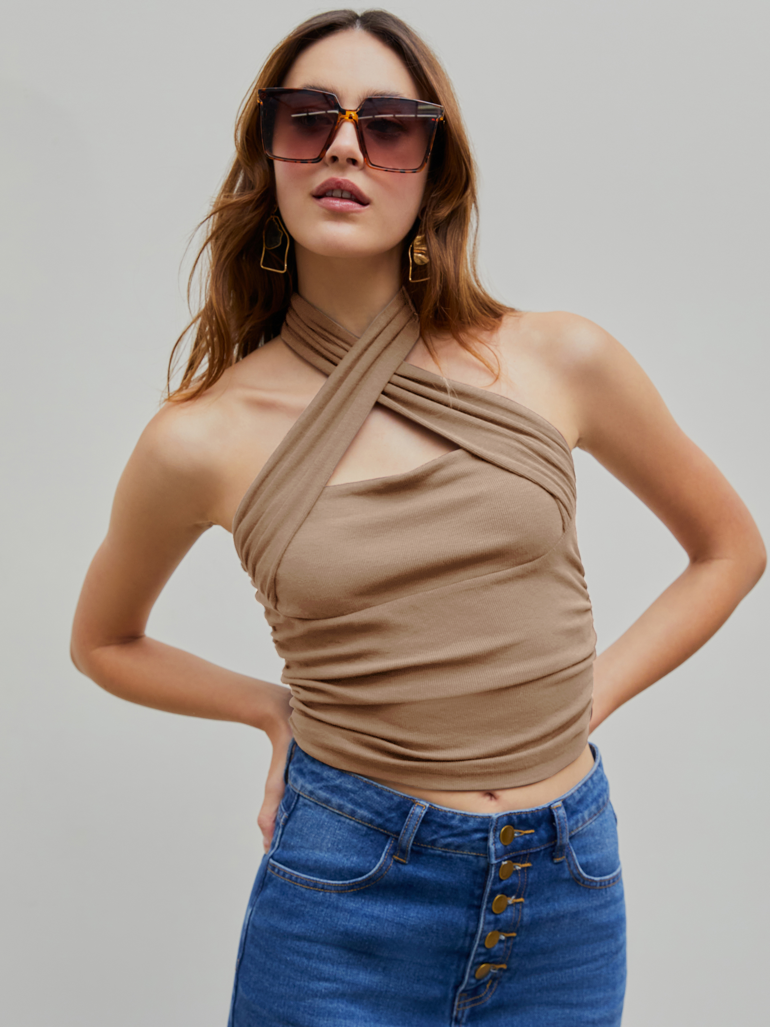 Cute Tops Knit Fabric Two Way Solid Halter Crop Top For