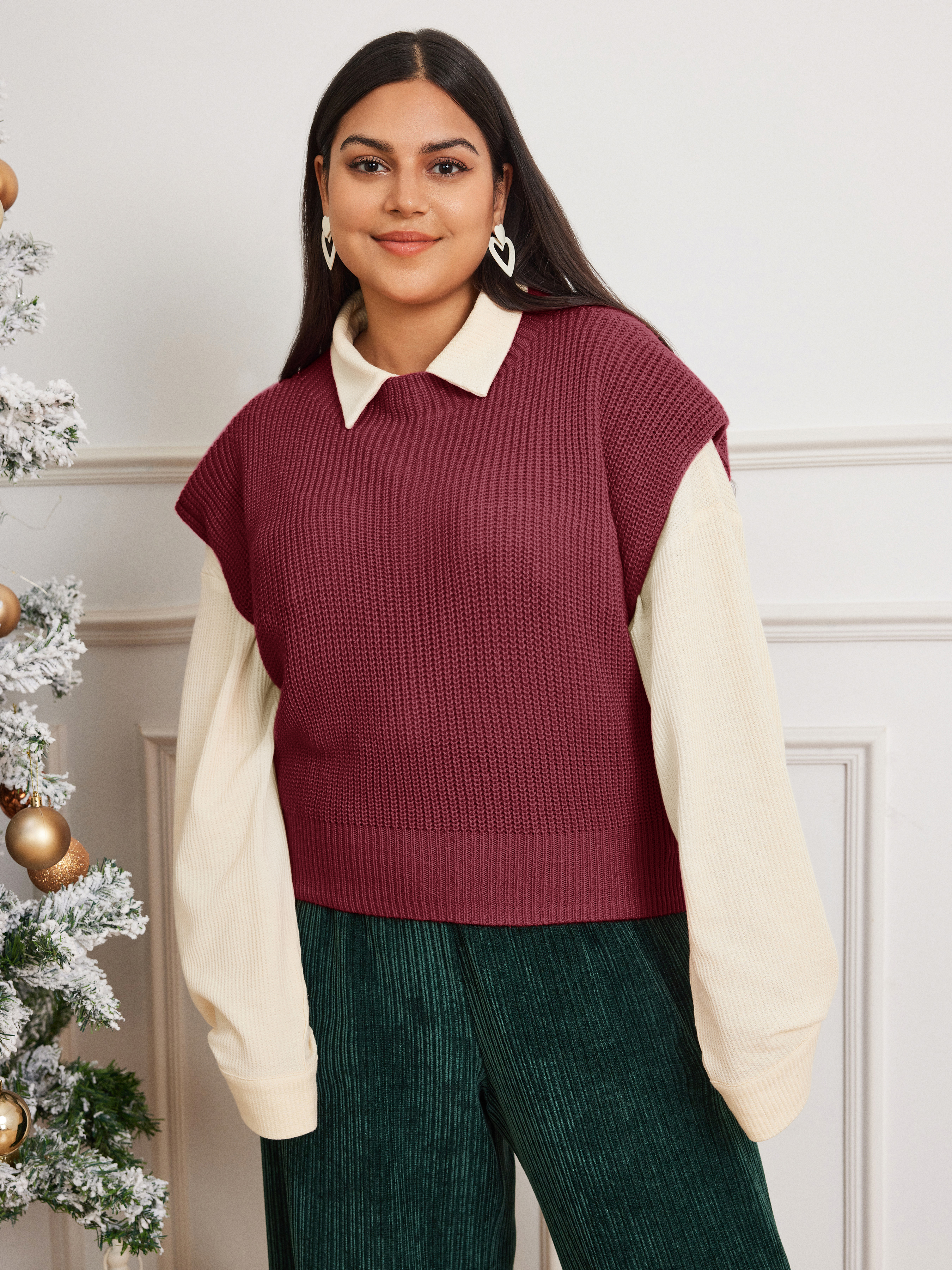 Knit Fabric Solid High Neck Knit Vest Curve & Plus For Knit Fabric Solid High Neck Knit Vest Curve & Plus For