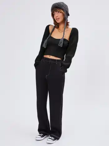Zwei-Teiliges Rippenstrick-Langarm-Crop-Top