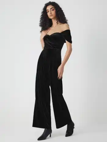Velvet Off-shoulder Solid Ruched Jumpsuit