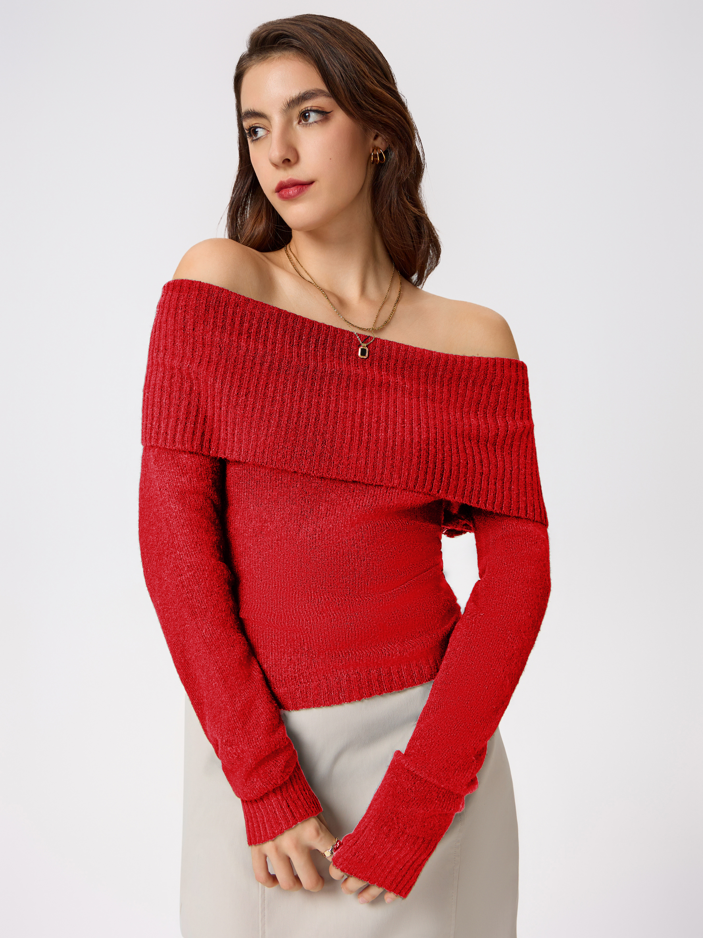 CIDER Women's Off Shoulder Sweater - Knitted Long Sleeve Cropped Pullover