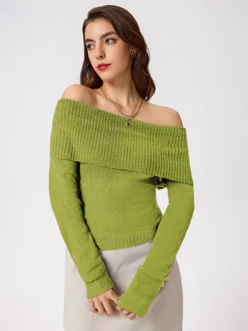 Schulterfreies Langärmliges Strickoberteil