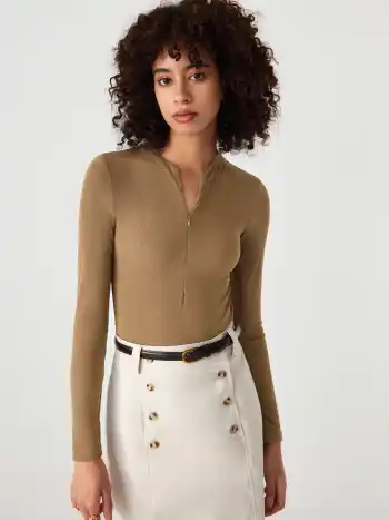  Jersey V-Ausschnitt Reißverschluss Body