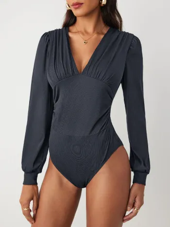 Jersey V-Ausschnitt Einfarbiger Rüschen-Bodysuit