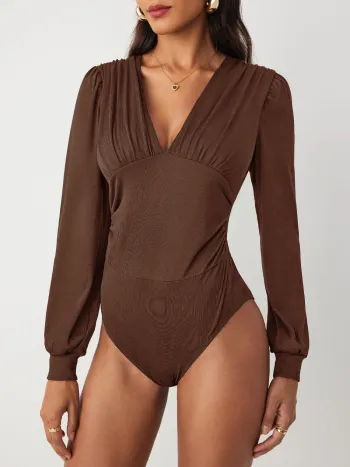 Jersey V-Ausschnitt Einfarbiger Rüschen-Bodysuit