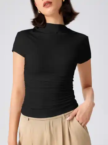 High Neck Ruched Short Sleeve Tee