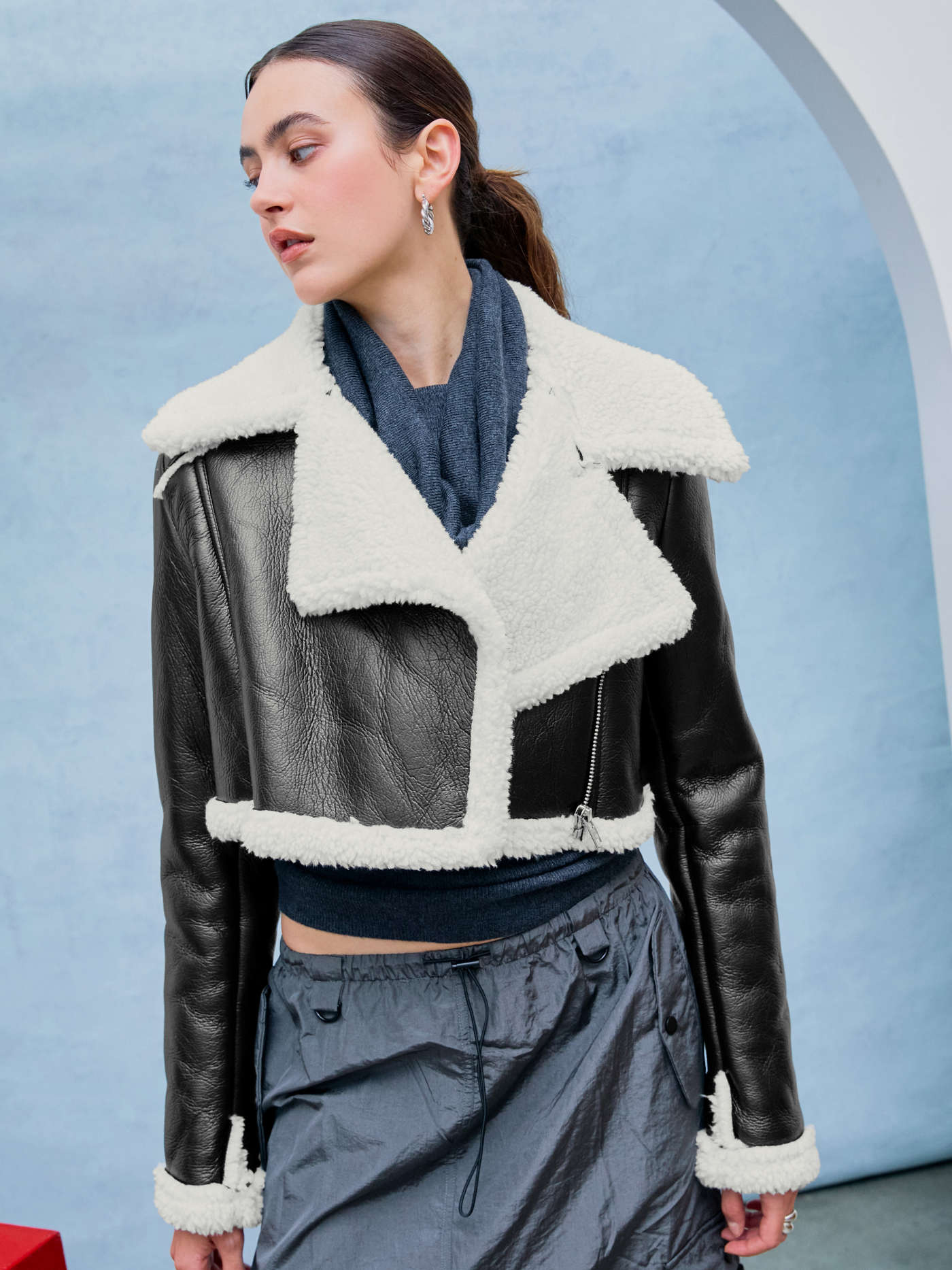 Fleece Drop Shoulder Zipper Biker Crop Jacket