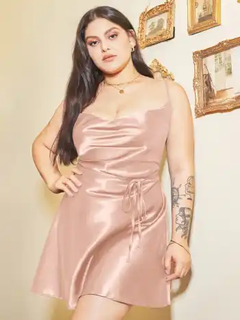Solid Satin Cowl Neck Cami Mini Dress Curve & Plus