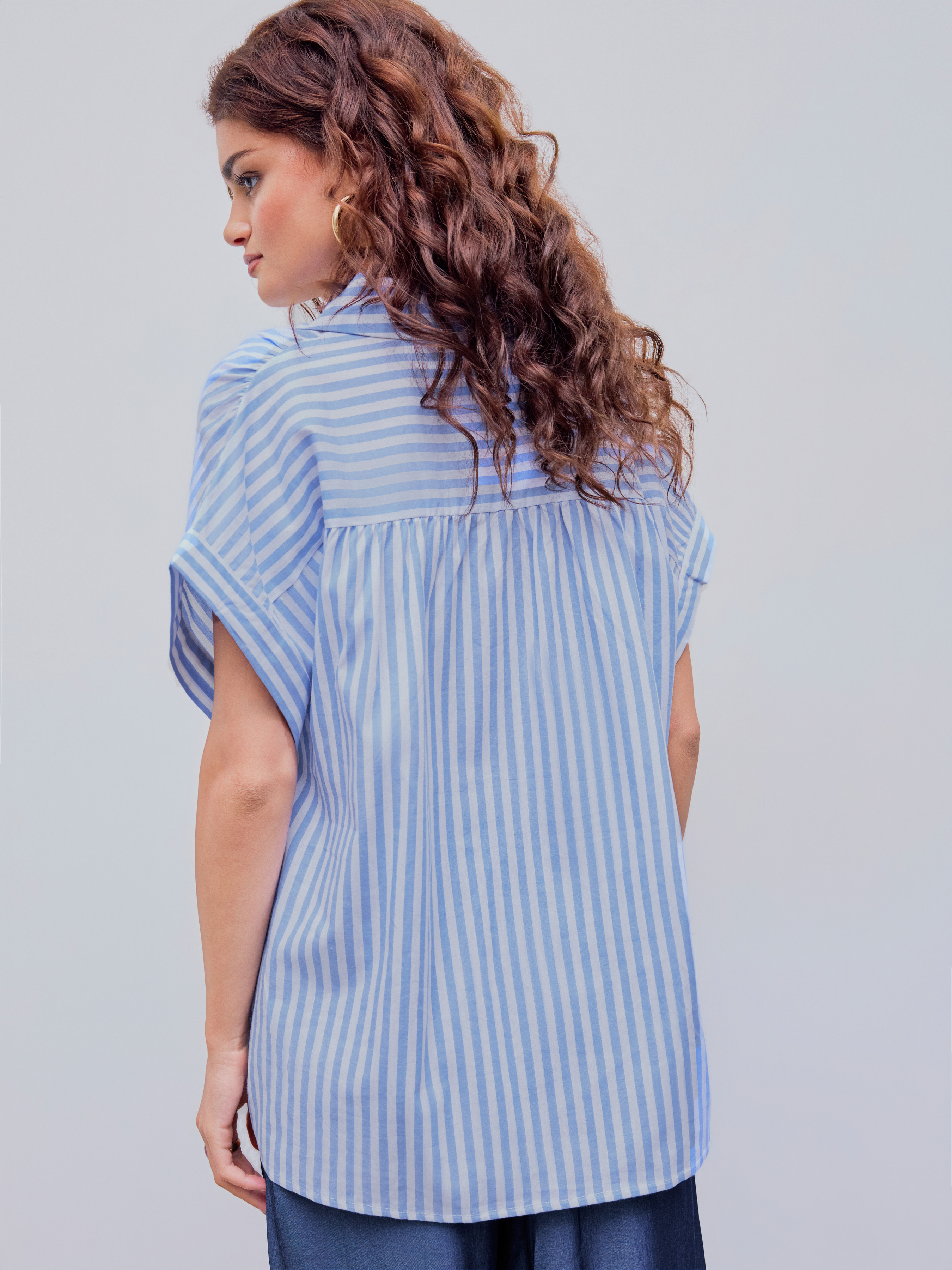 V-neck Striped Short Sleeve Shirt For Work