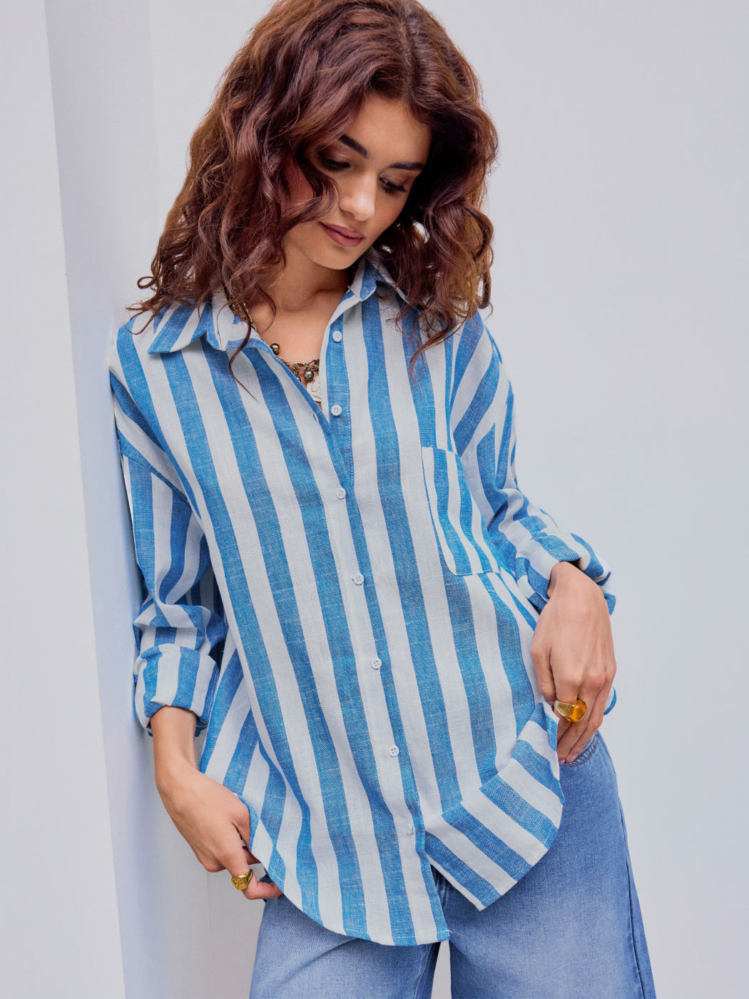 Linen-blend Collar Striped Pocket Long Sleeve Shirt