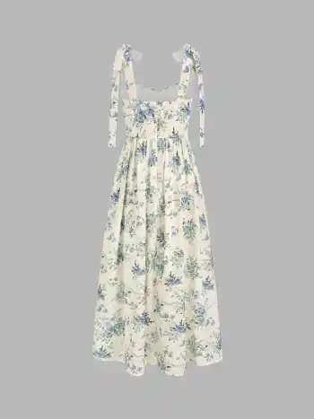 V-Ausschnitt Schleife Blumen Rüschen Midikleid