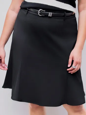 Woven Mid Rise Solid Midi Skirt With Belt Curve & Plus
