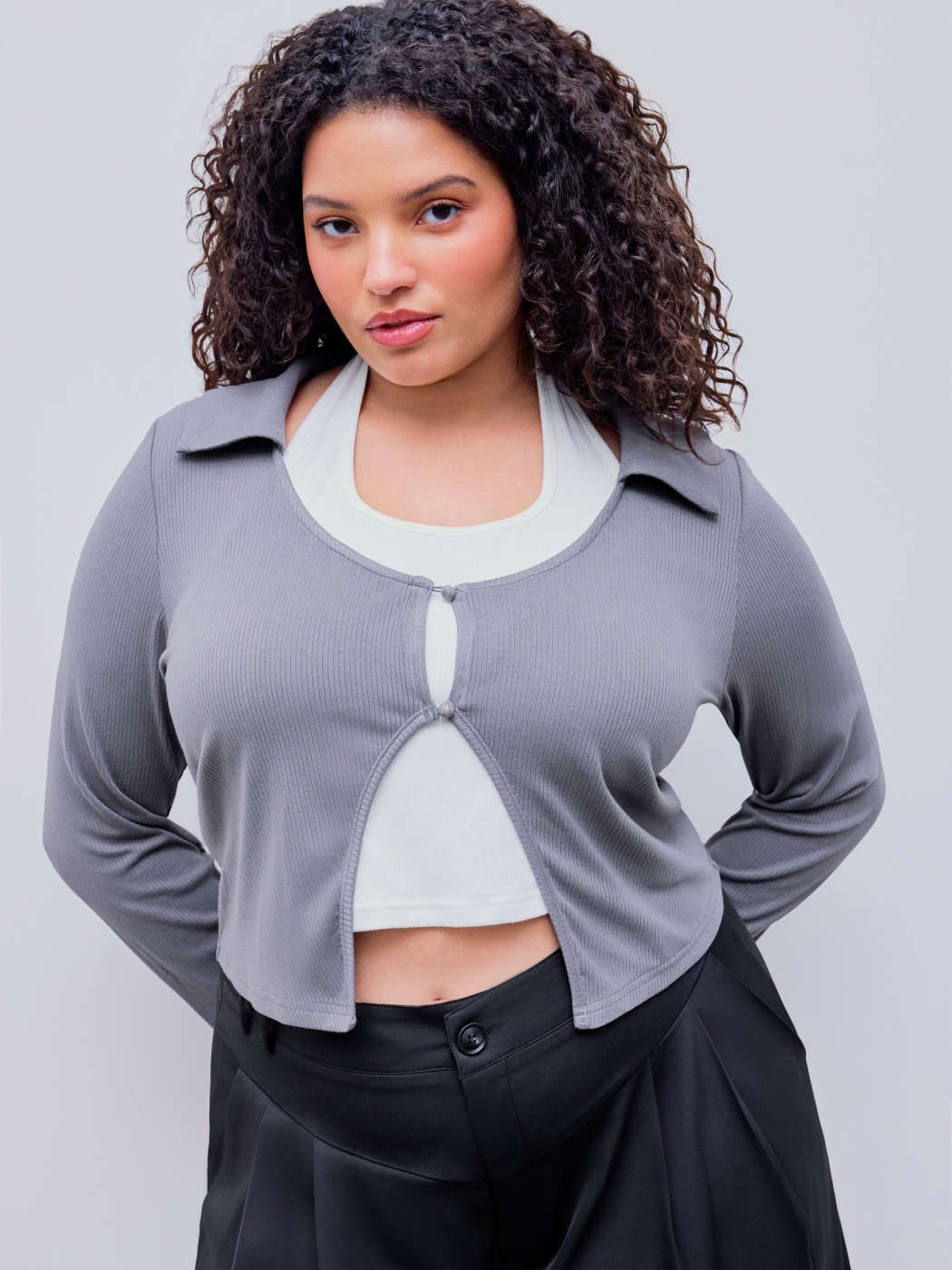 Jersey Halter Two Tone Long Sleeve Top Curve Plus For Work