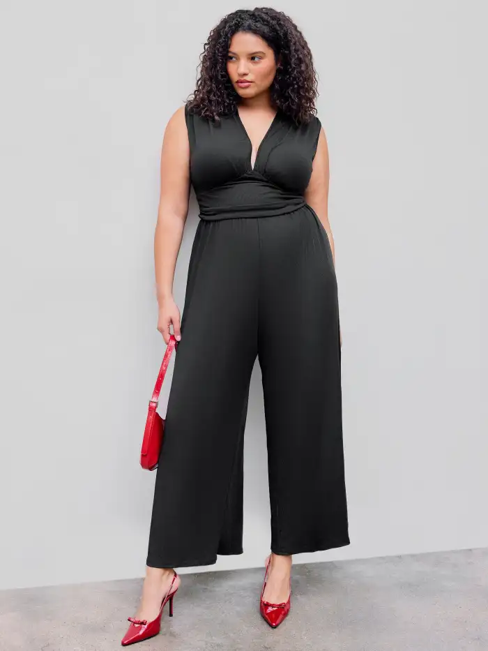 V-neck Ruched Solid Wide Leg Jumpsuit