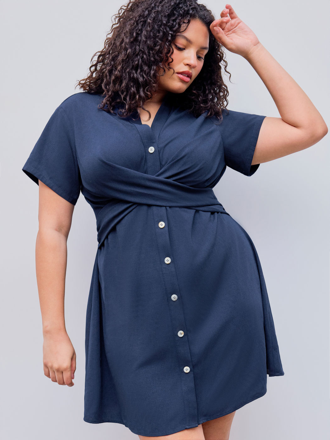 Woven Collar Button Twist Short Sleeve Mini Dress Curve & Plus