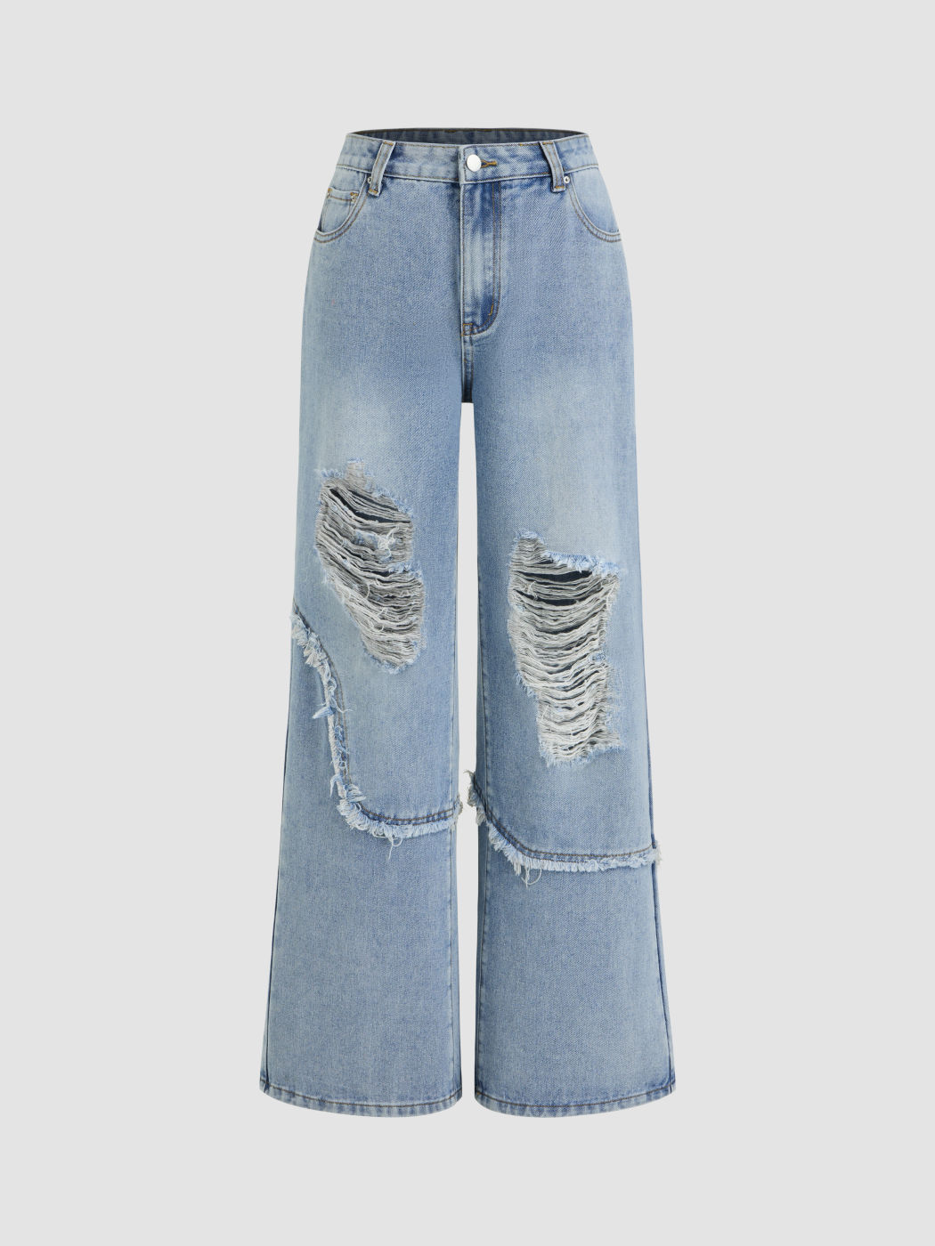 Denim Mid Rise Solid Ripped Wide Leg Jeans