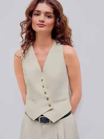 Gilet giacca con bottoni solidi in misto lino con scollo a V