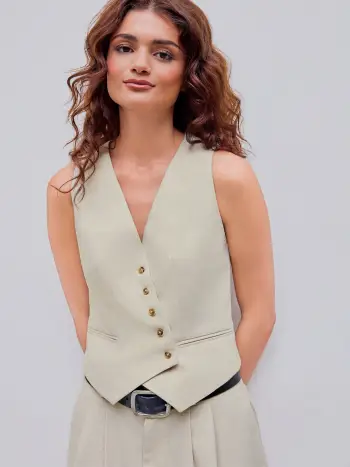 Linen-blend V-neck Solid Button Jacket Vest