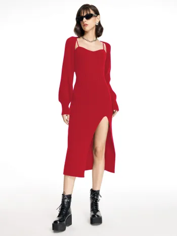 Einfarbiges Strick-Cami-Mididress mit Schlitz und Schal