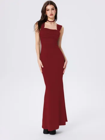 Einfarbiges geriffeltes Maxikleid mit U-Hals und Spitzen