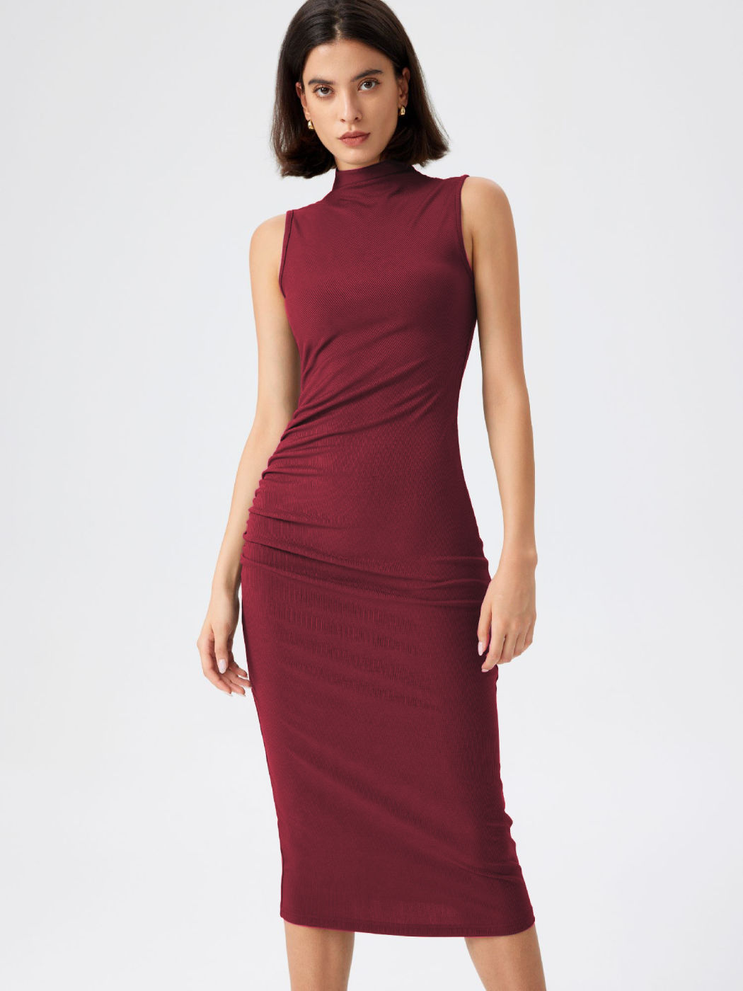 High Neck Ruched Midi Dress