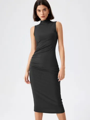 High Neck Ruched Midi Dress