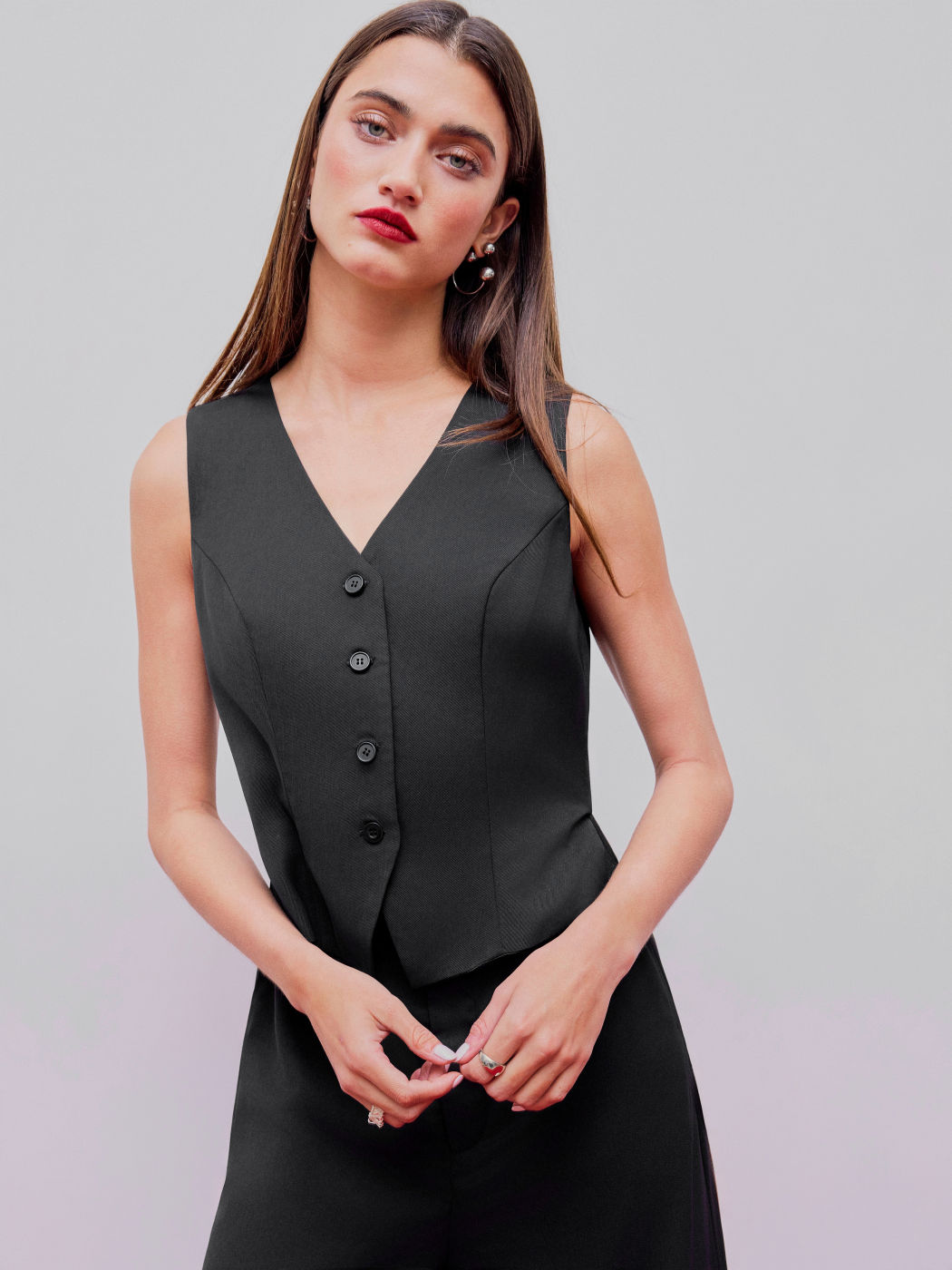 Solid V-neck Button Vest Wide Leg Jumpsuit