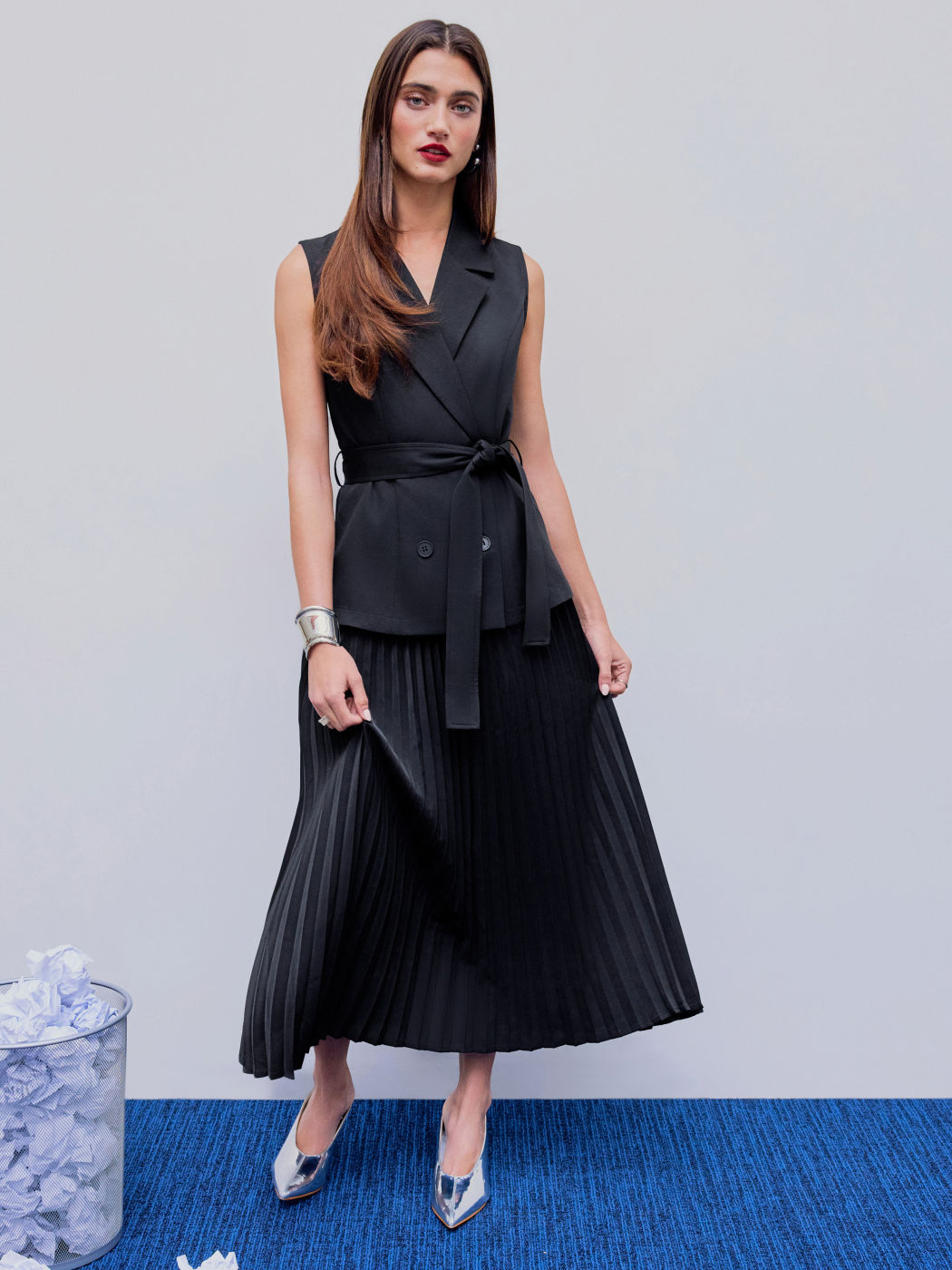Pleated V-Neck Long Sleeve Maxi Dress With Belt Slate BlueCabernet