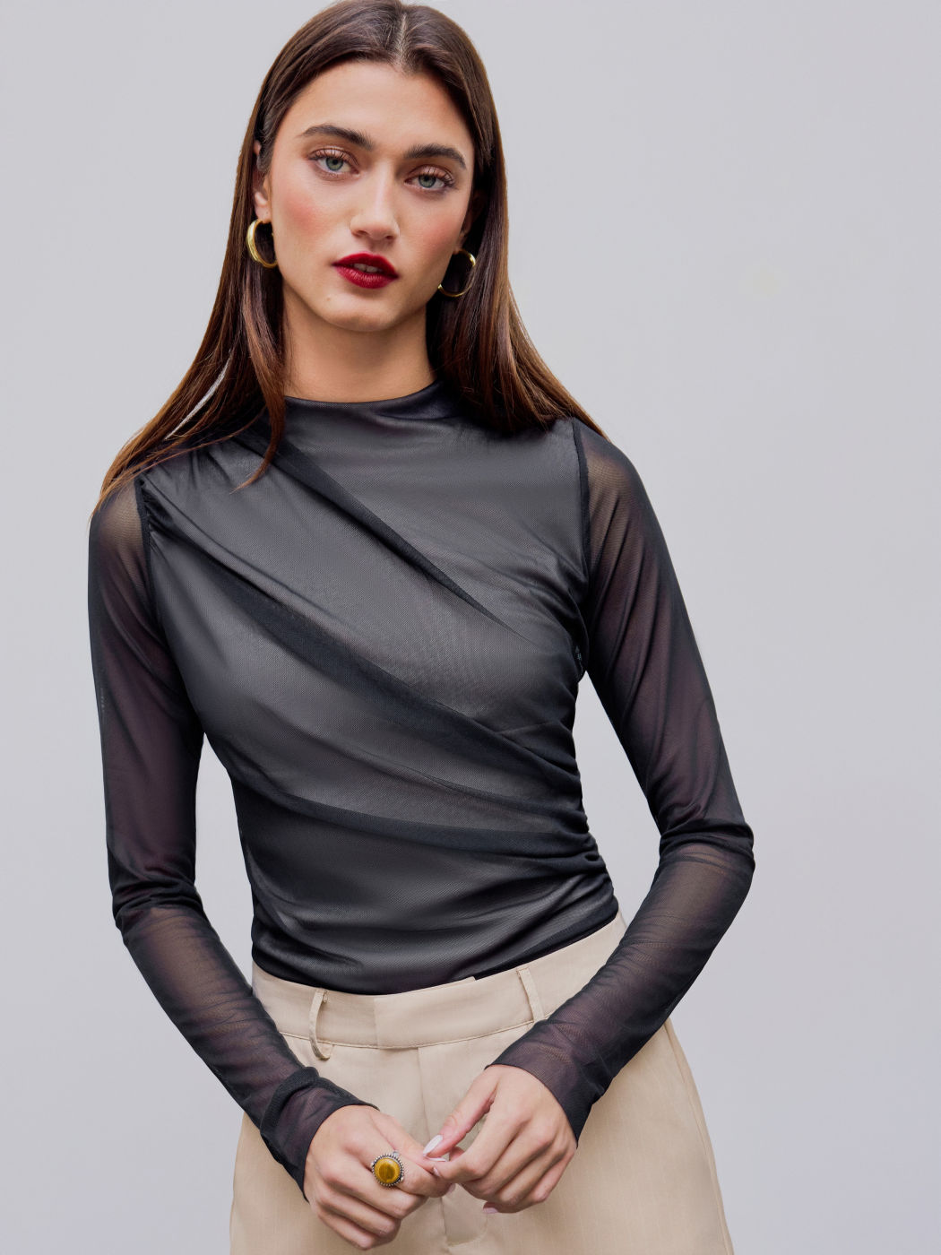 Mesh Round Neck Solid Ruched Bodysuit