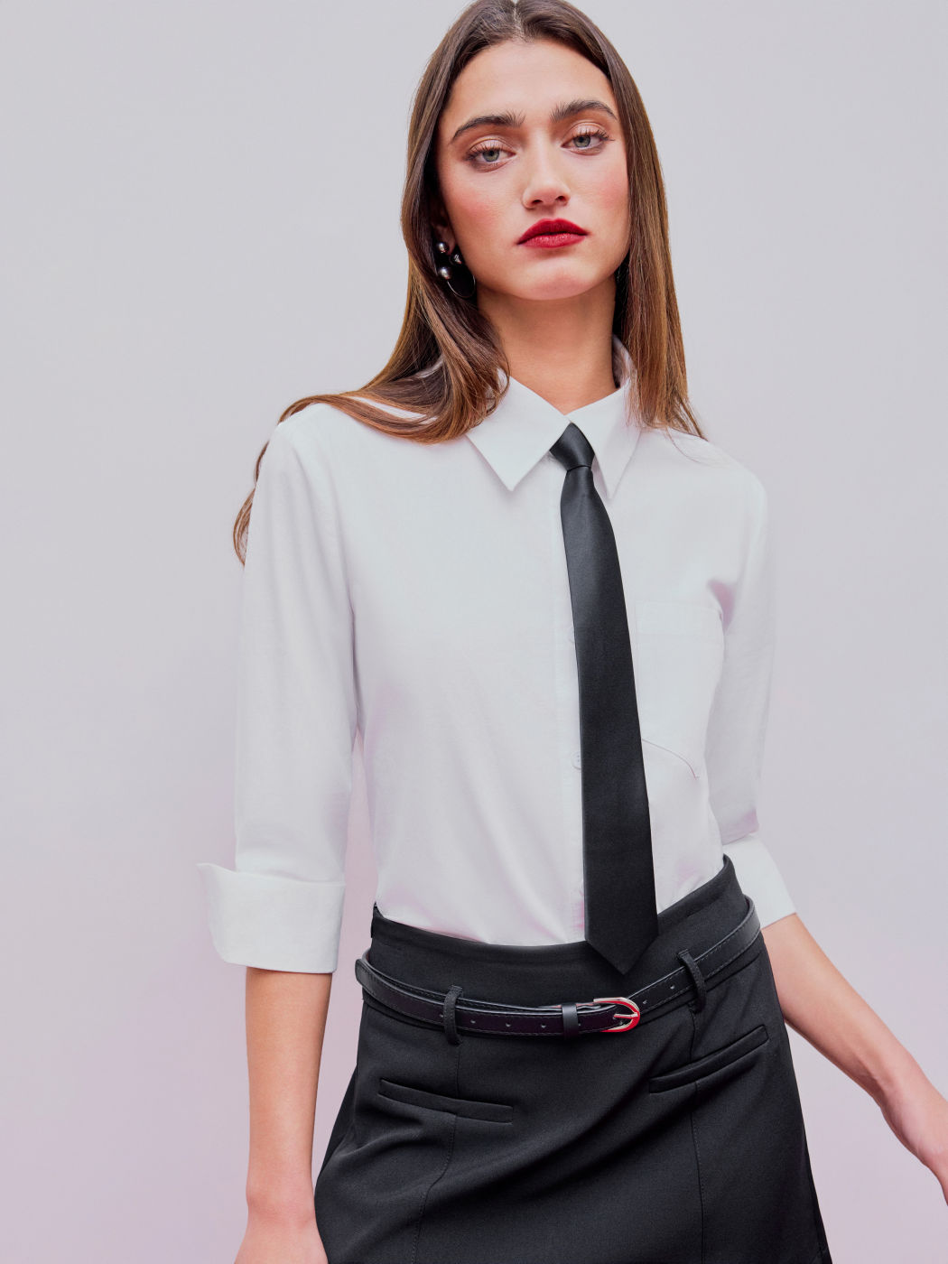 Collar Button Solid Middle Sleeve Shirt With Tie