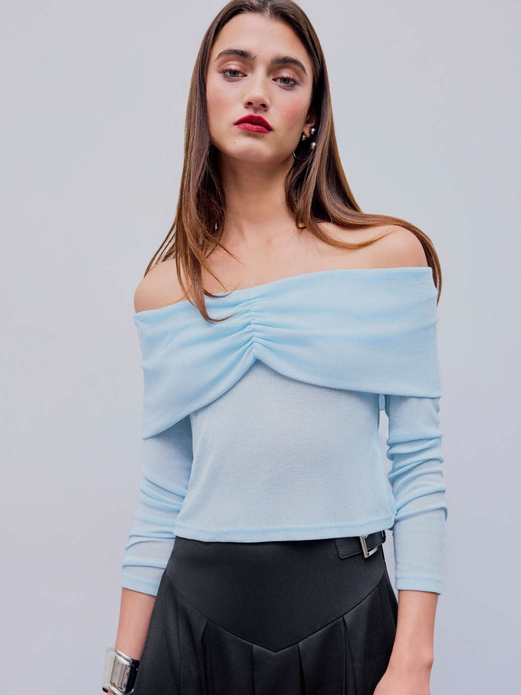Off-shoulder Ruched Long Sleeve Jersey Top