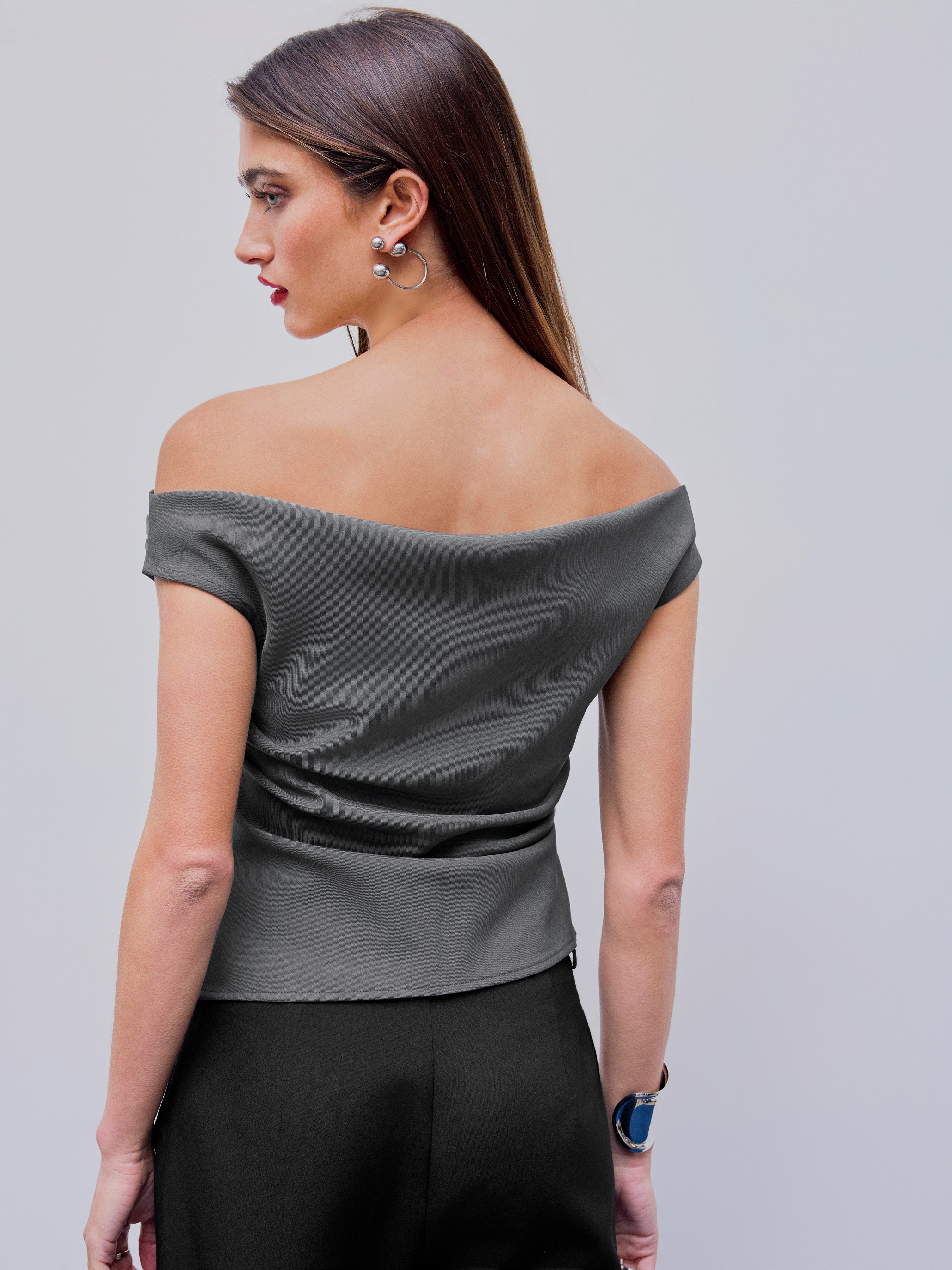 City Chic Woven Off-shoulder Ruched Zipper Crop Top For Work