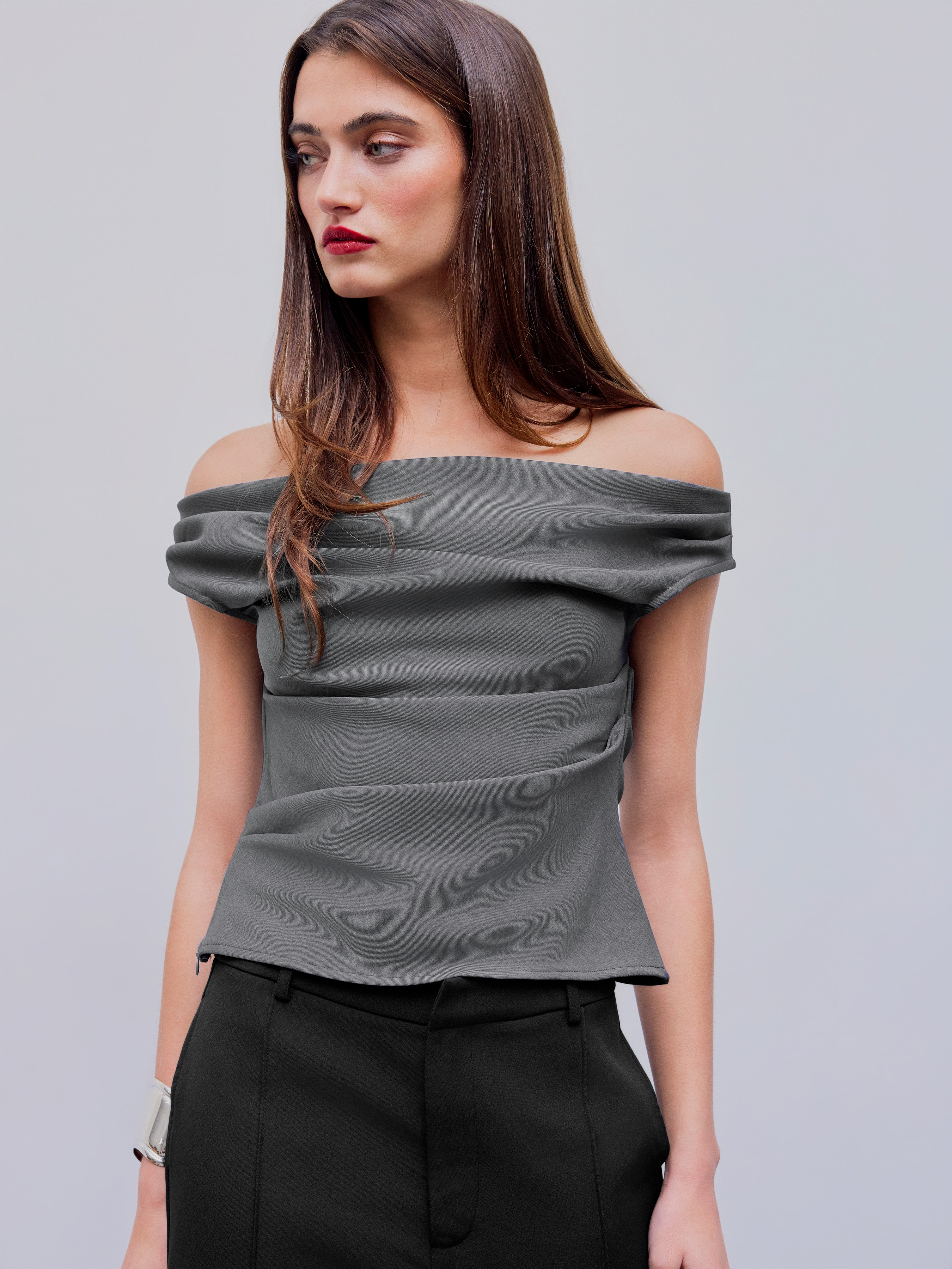 City Chic Woven Off-shoulder Ruched Zipper Crop Top For Work