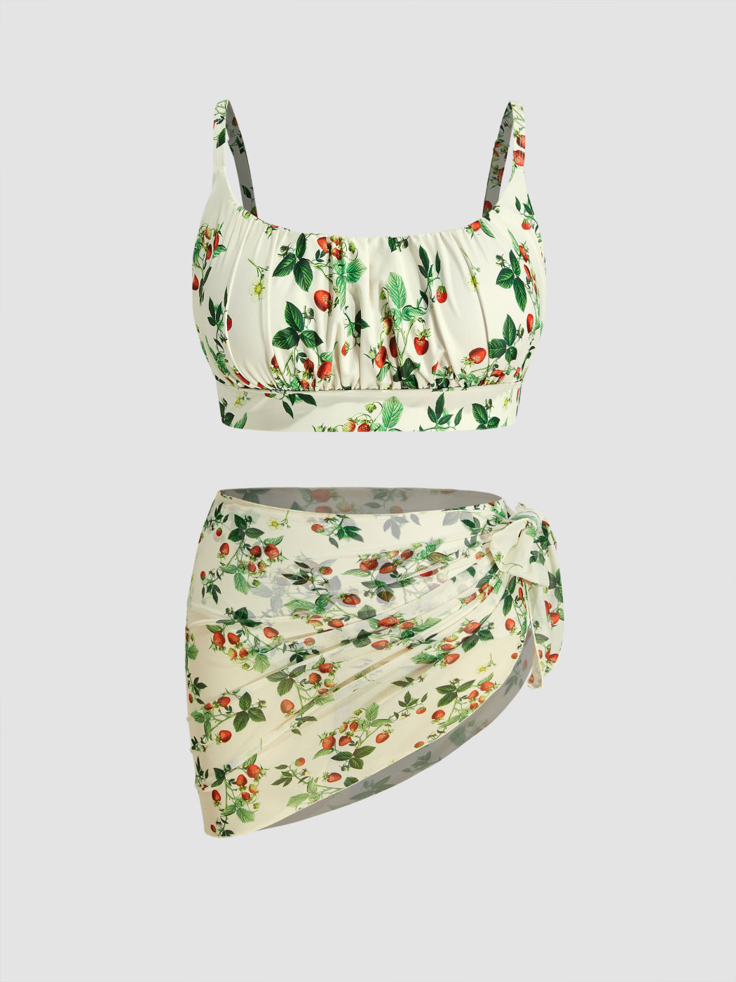 Square Neck Strawberry Graphic Bracelet Bikini Swimsuit With Sarong Curve & Plus