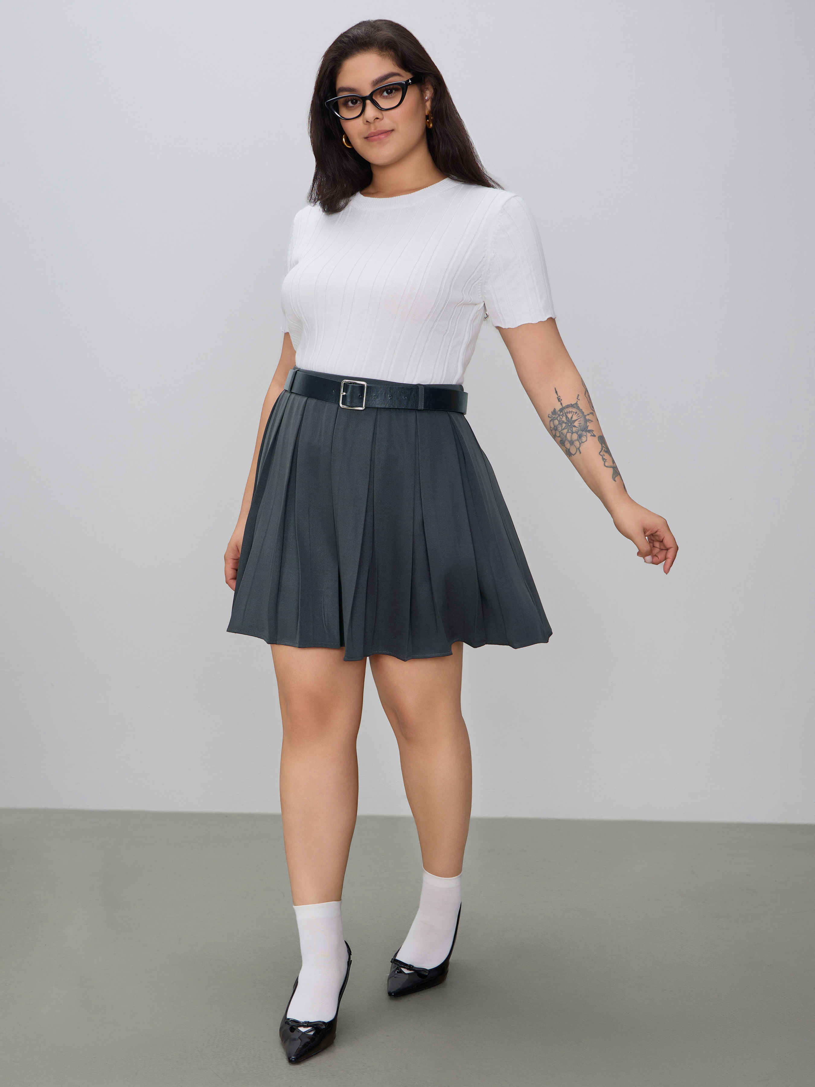 Woven Mid Waist Pleated Mini Skirt With Belt Curve & Plus