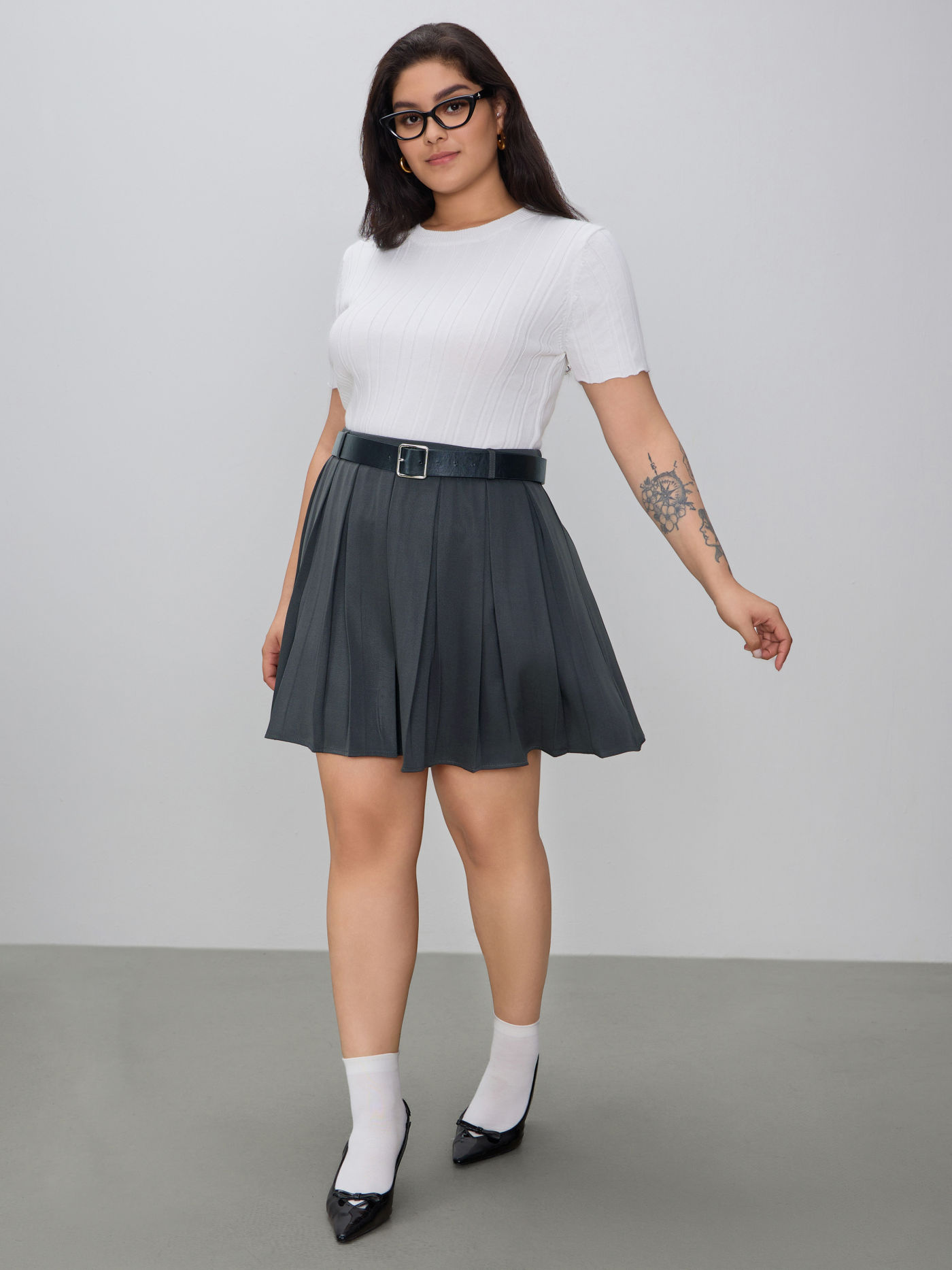 Mid Waist Pleated Mini Skirt With Belt Curve & Plus