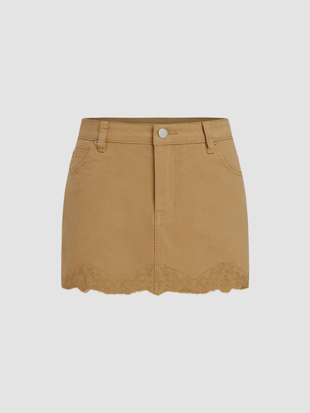 Denim Low Rise Solid Floral Embroidery Mini Skirt