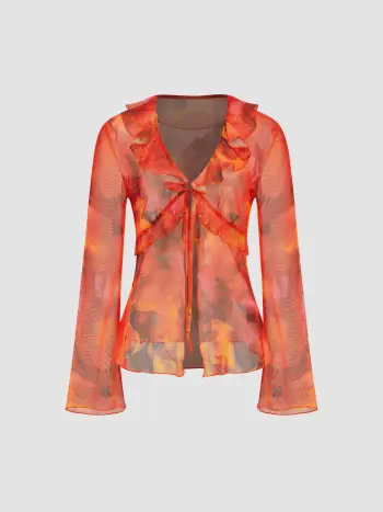 Camicetta con maniche lunghe annodate con scollo a V in mesh e finiture con volant