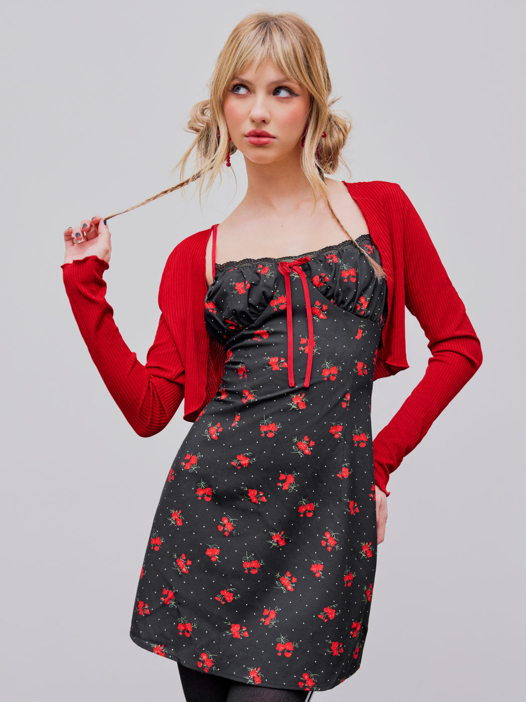 Solid Long Sleeve Shrug & Floral Bowknot Mini Dress