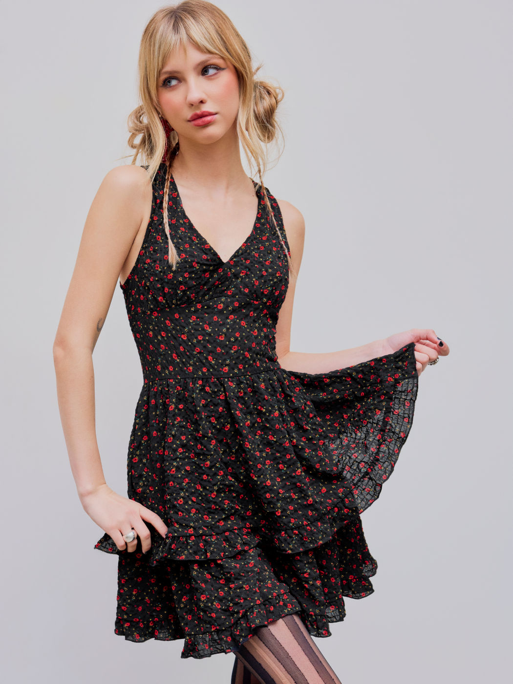 Sun Dresses Woven Floral Ruffle Hem Mini Dress For Vacation