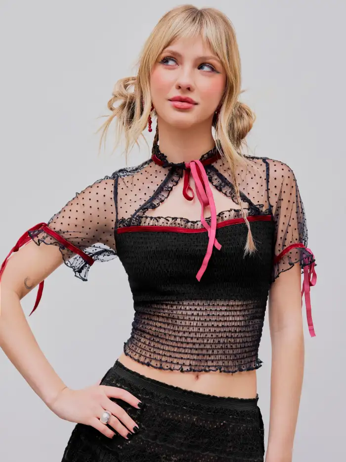 Trajes de festival Chifón Blusa de gasa con cuello alto y lazo