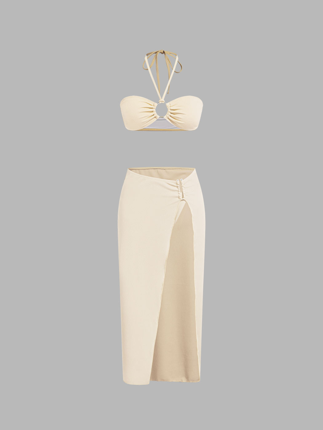 Scollo a V Solido O-Ring Halter Costume da bagno bikini sfacciato con copertura Gonna da spiaggia