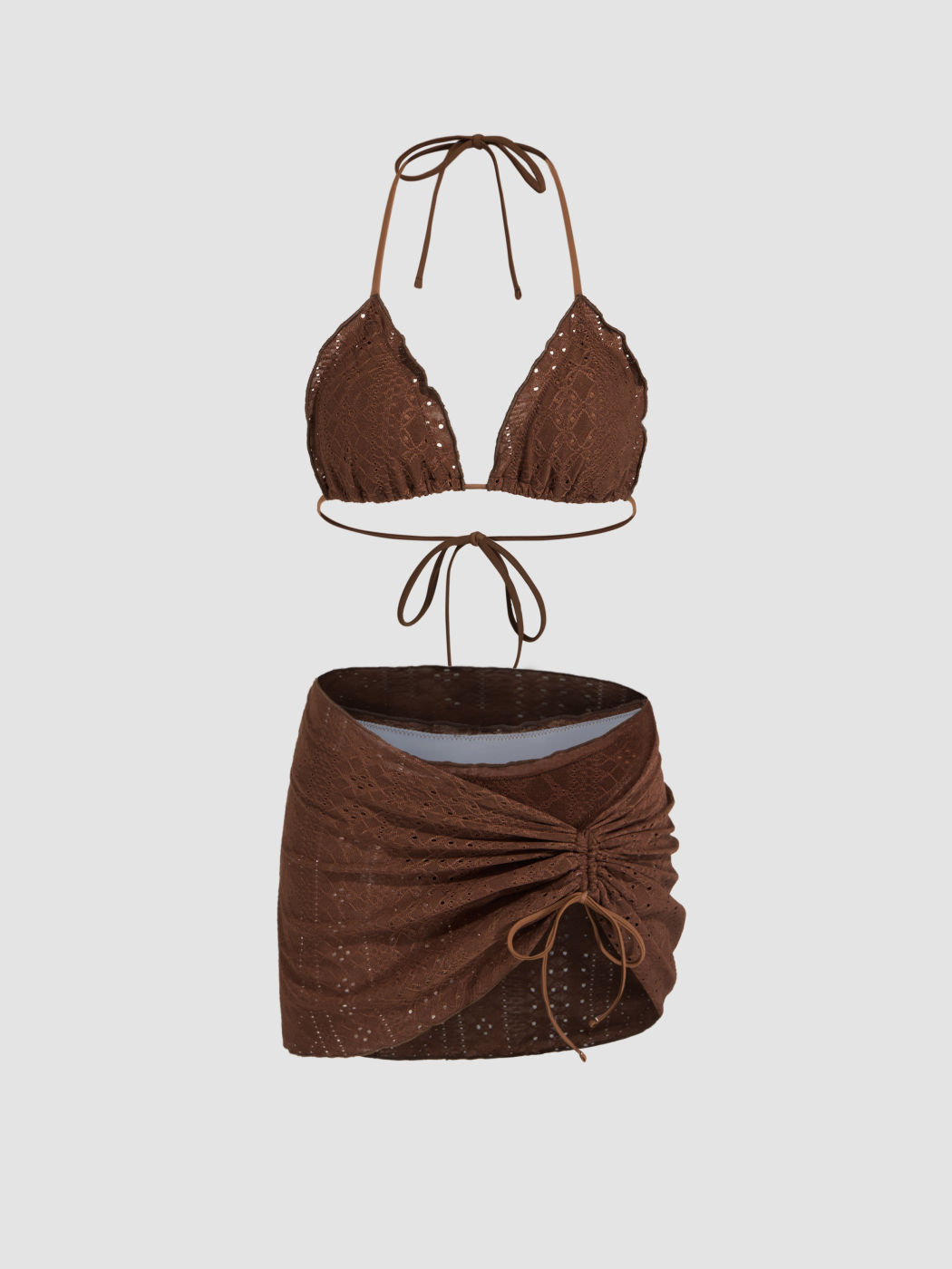 Halter Lettuce Trim Bikini Swimsuit With Drawstring Ruched Cover Up Skirt