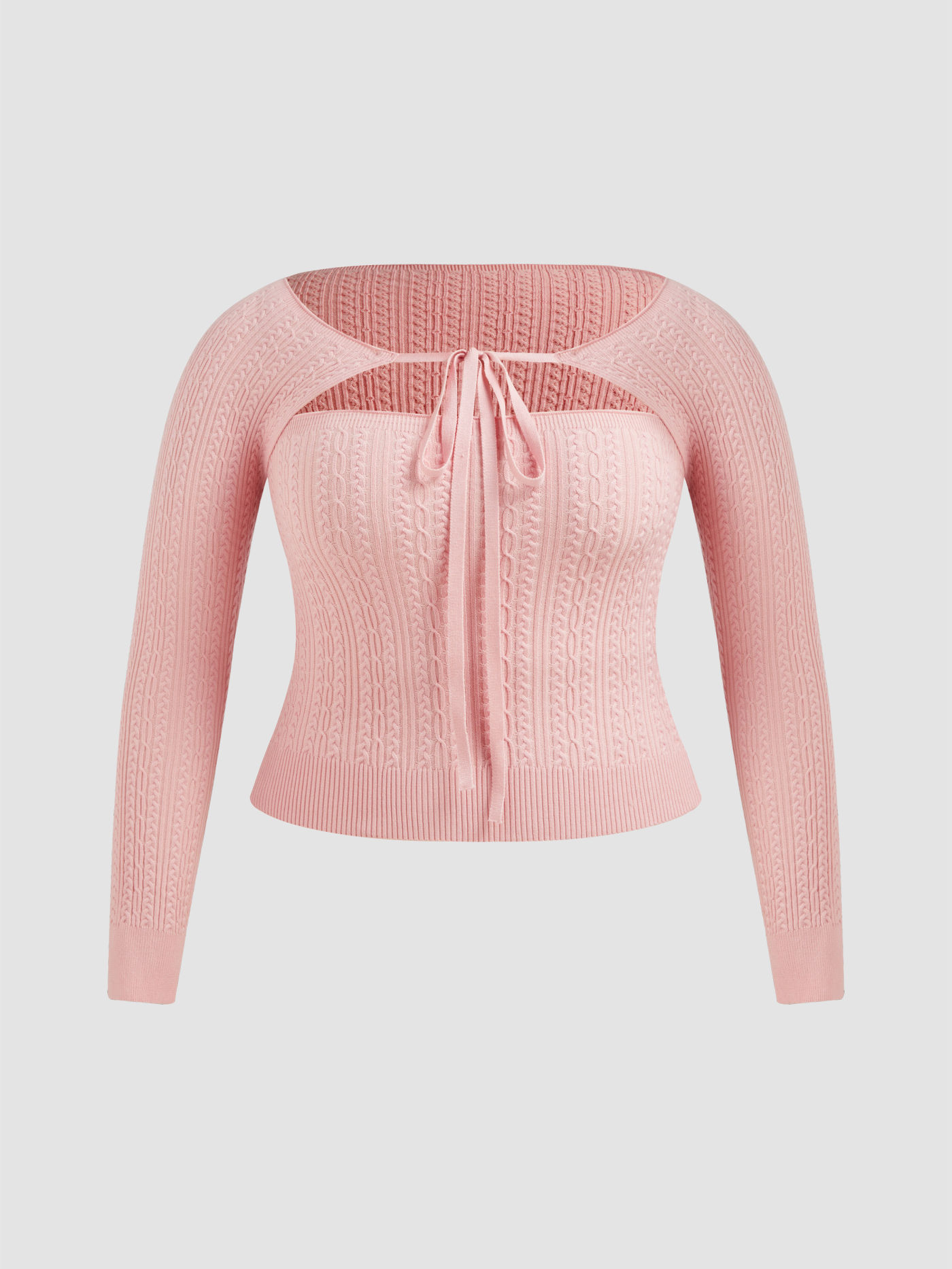 Texture Solid Knitted Tube Top & Knotted Shrug Curve & Plus