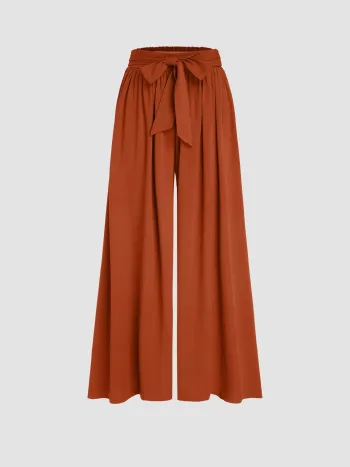 High Rise Bowknot Shirred Wide Leg Trousers